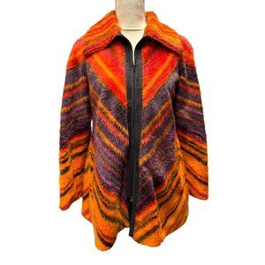 Vintage 70s Orange Multicolor Chevron Striped Faux Fur Coat With Zipper